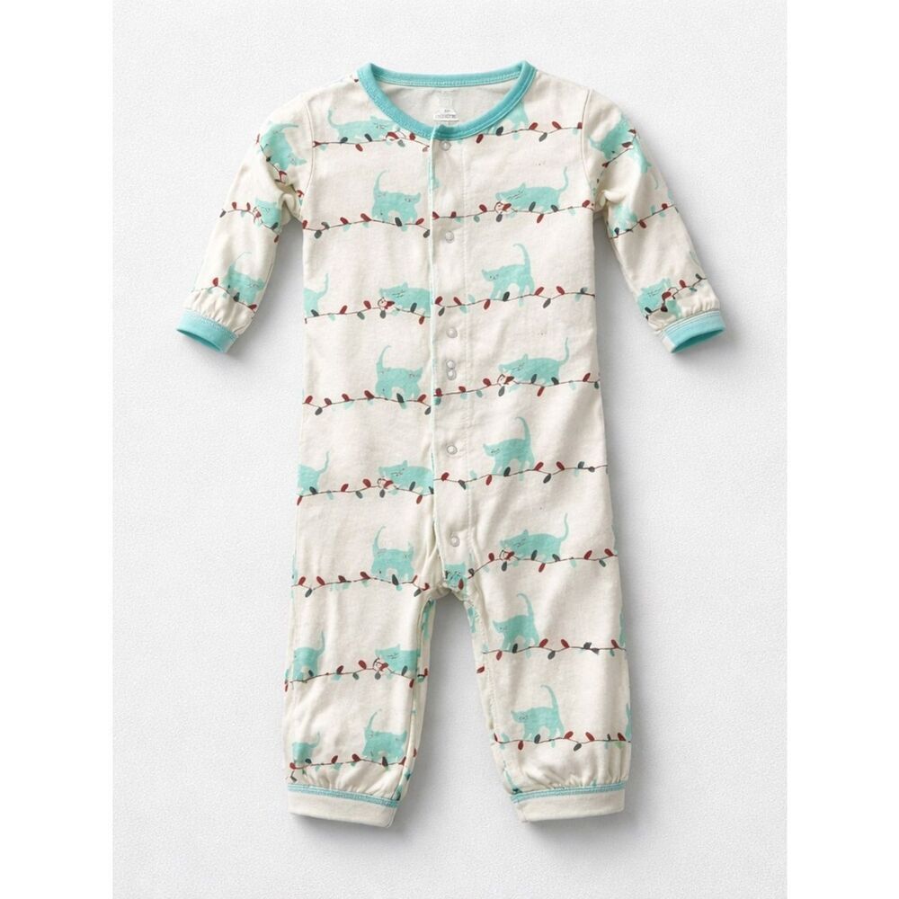 KicKee Pants Print Bamboo one piece Natural Tangled Kittens Print EUC 0-3 m